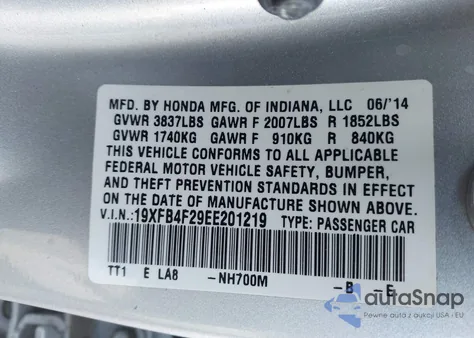 2014 Honda Civic Hybrid z USA, uszkodzony, nr VIN 19XFB4F29EE201219
